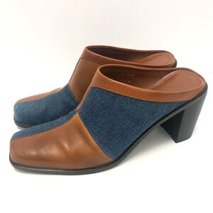 VTG Brown Leather & Denim Slip‎ On Mule Heels Size 8.5M Square Toe Y2K Brazil